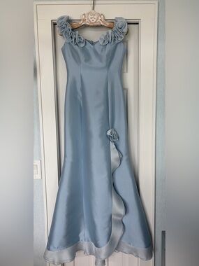 Elegant Light Blue Satin Wedding Dress with Rosette Accents